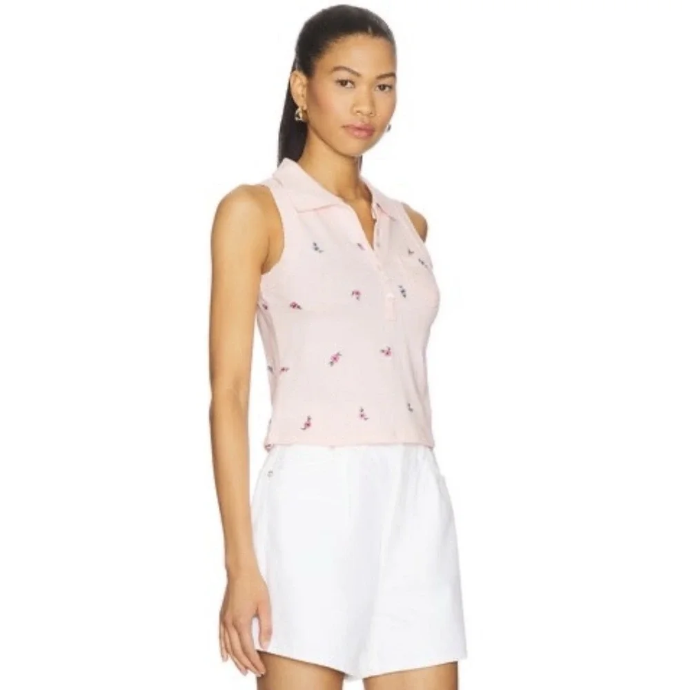 Free People Pink Pepper Knit Polo Sz S Embroidered Floral Preppy $90